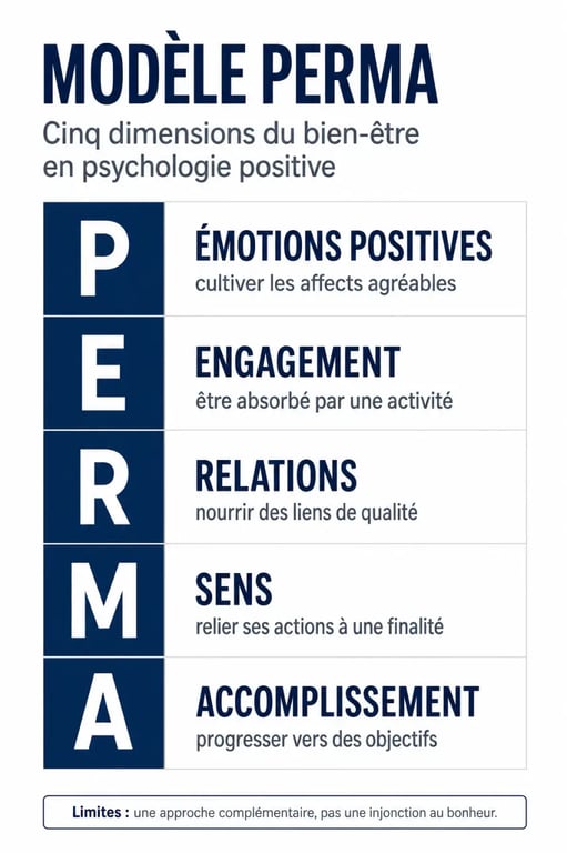 Psychologie positive : schéma éditorial du modèle PERMA et de ses piliers
