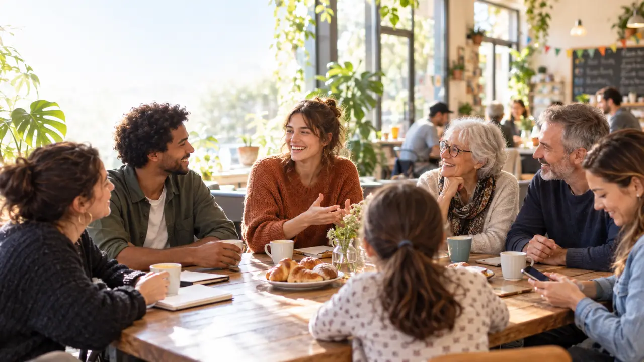 Habitants de plusieurs générations échangeant autour d'une table dans un café solidaire