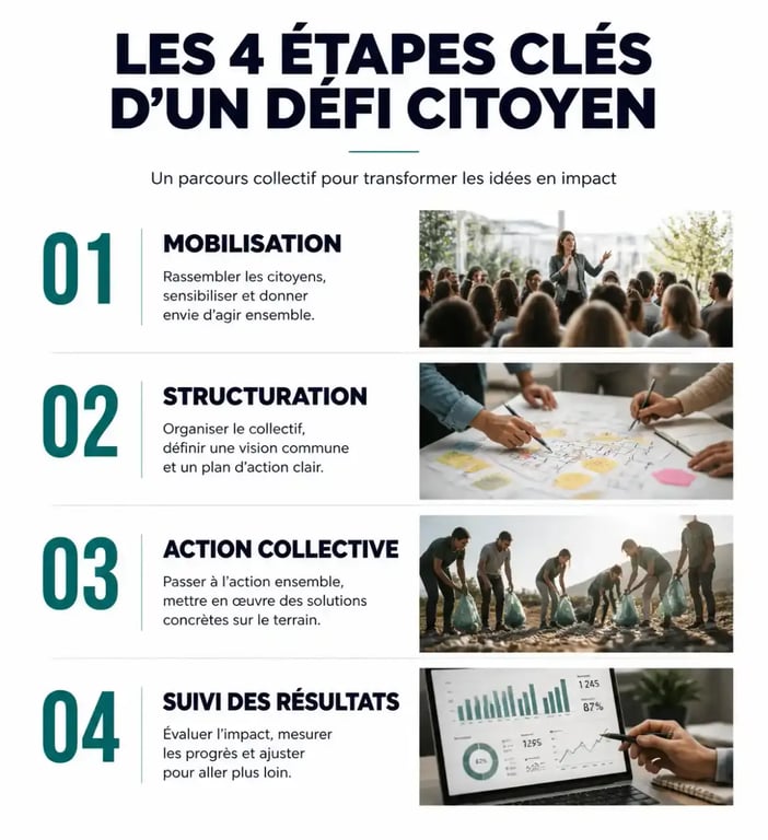 Infographie des étapes de mise en œuvre d'un défi citoyen pour transformer l'intention en impact