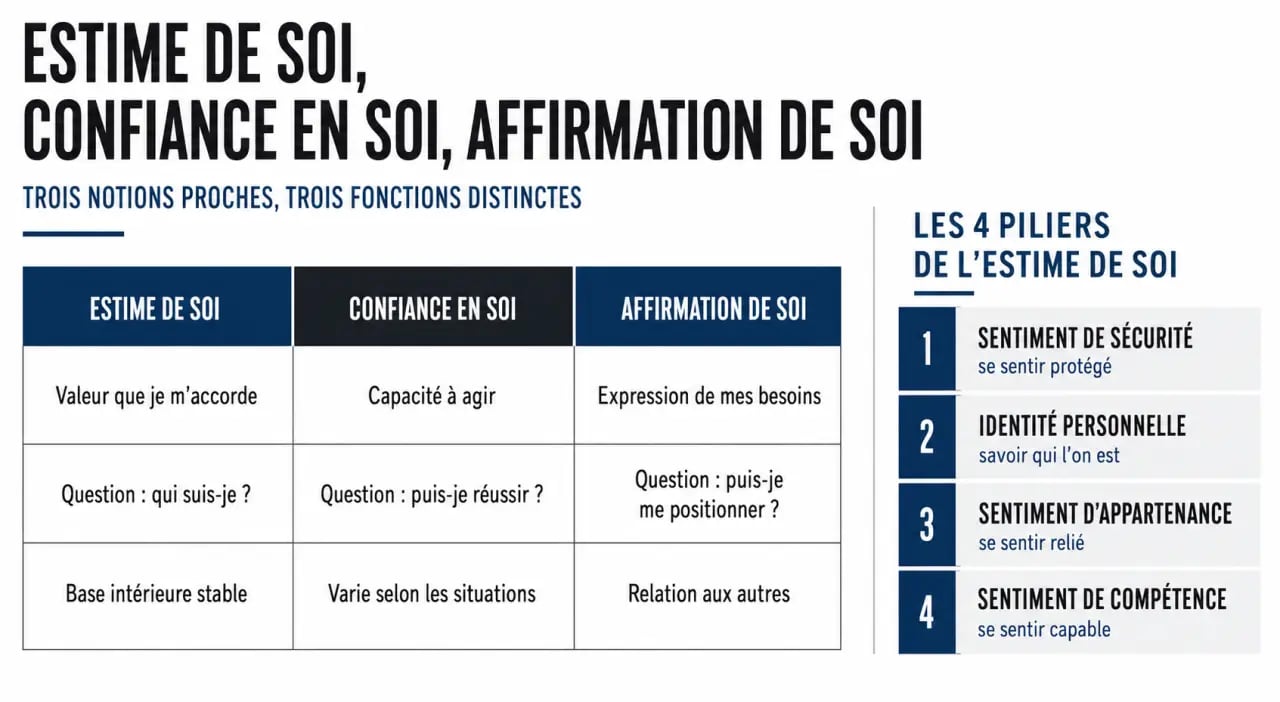Estime de soi confiance en soi : schéma comparatif éditorial des différences et des 4 piliers
