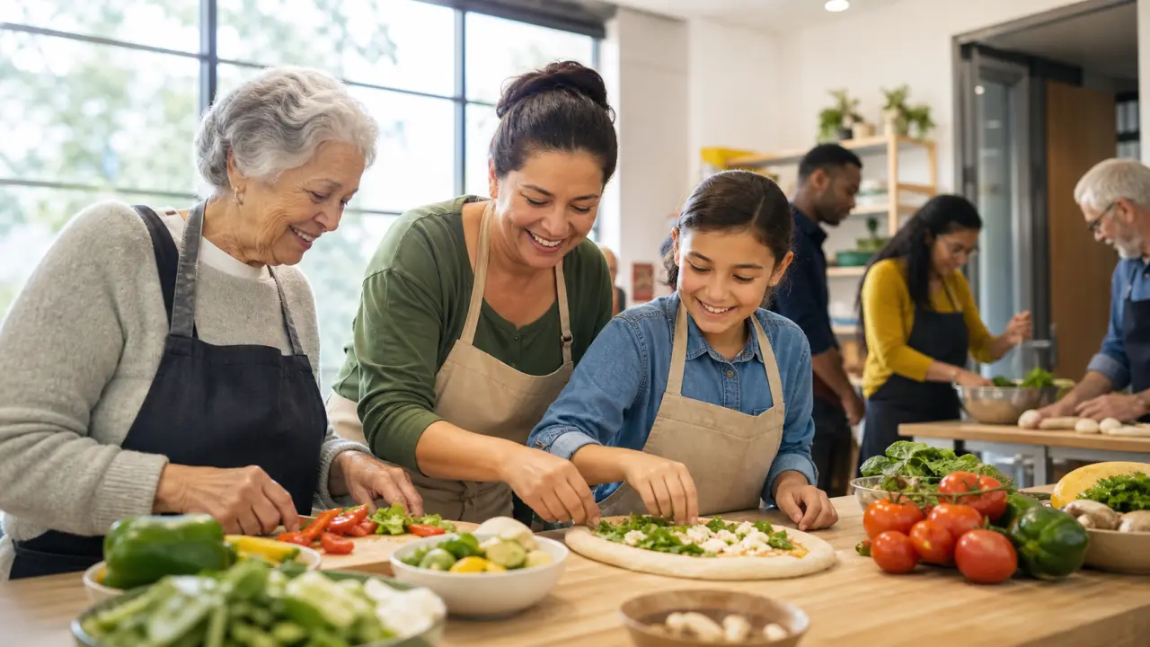 Atelier cuisine intergénérationnel réunissant trois générations autour d'une grande table conviviale
