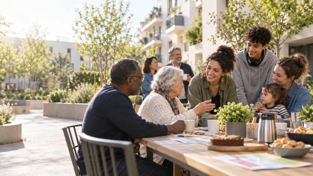 Habitants de générations différentes réunis autour d'une table dans un quartier convivial