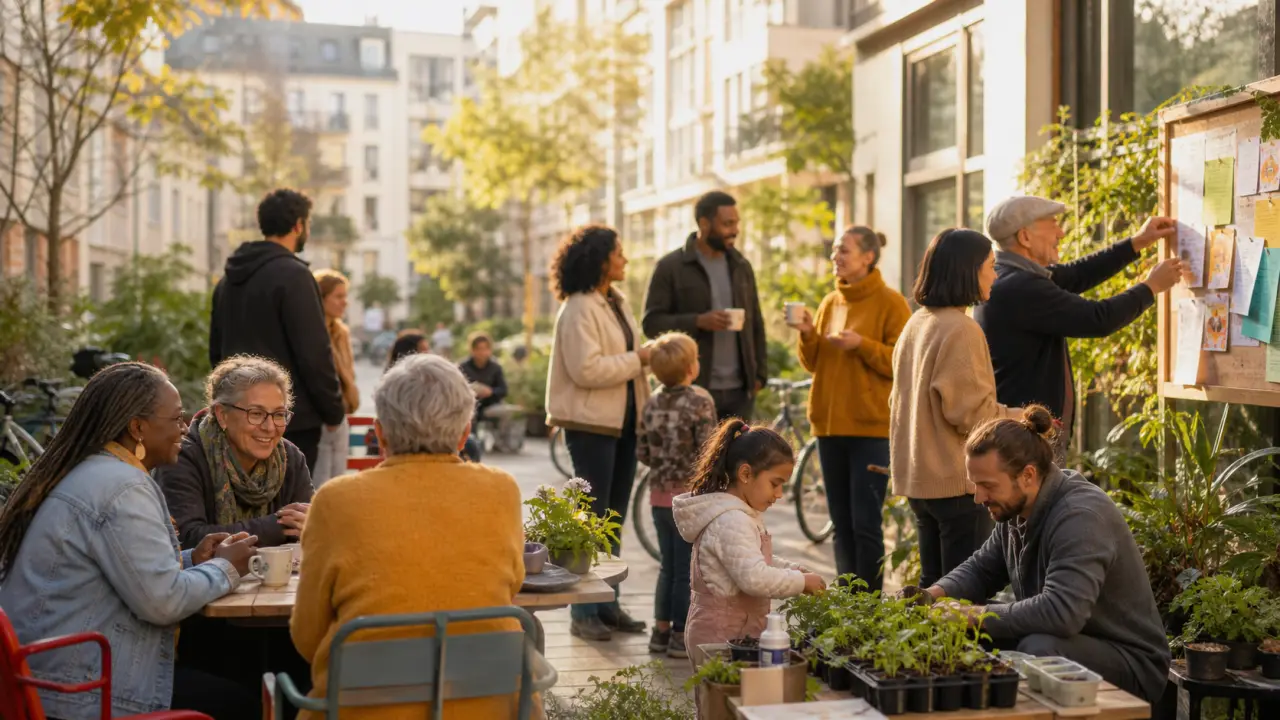 Groupe diversifié de voisins réunis autour d'une grande table chaleureuse, dans une ambiance conviviale et lumineuse