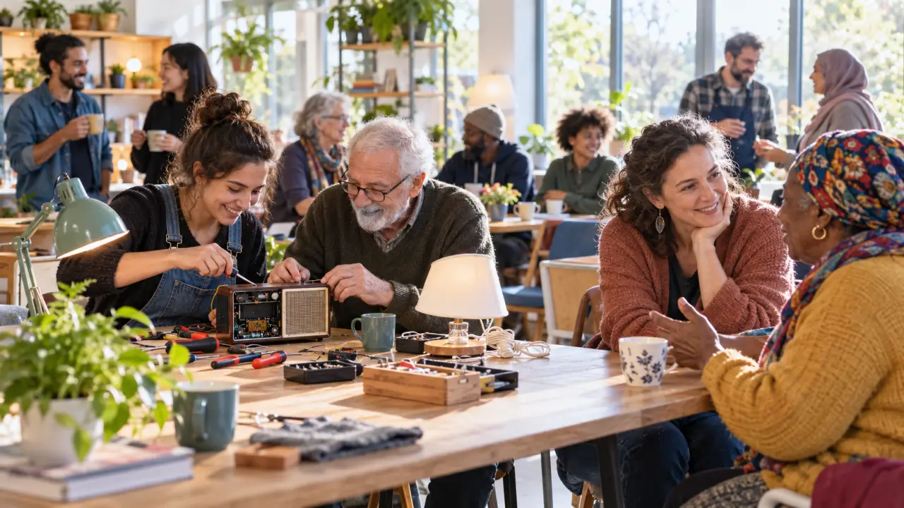Habitants de plusieurs générations réunis autour d'une table dans un lieu associatif chaleureux