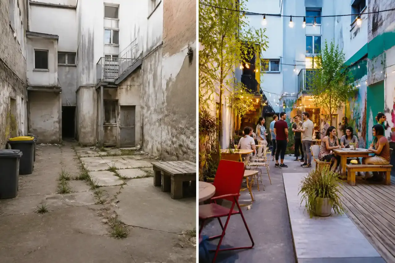 Cour de quartier conviviale avec des habitants de différents âges réunis autour d'une table en bois