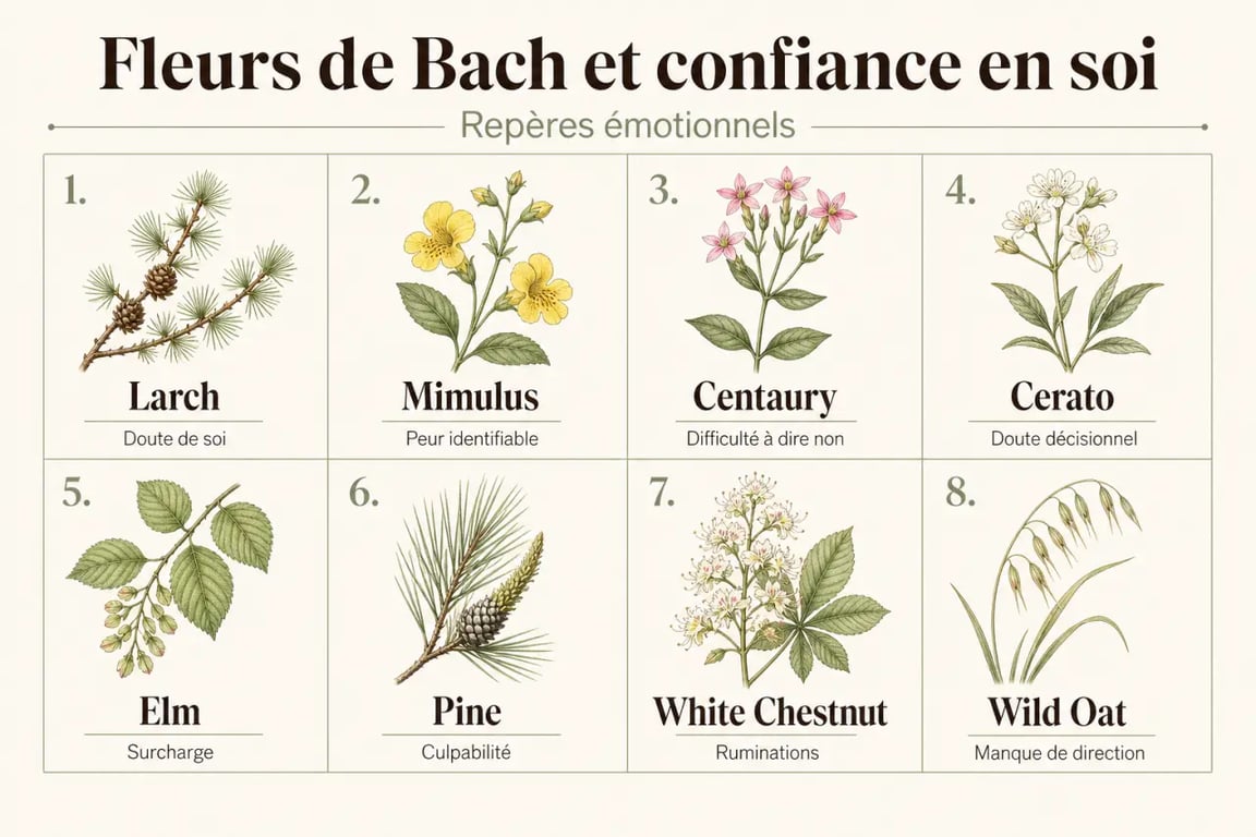 fleur de Bach pour confiance en soi : comparaison visuelle des fleurs selon le doute, la peur, la culpabilité et l’affirmation de soi