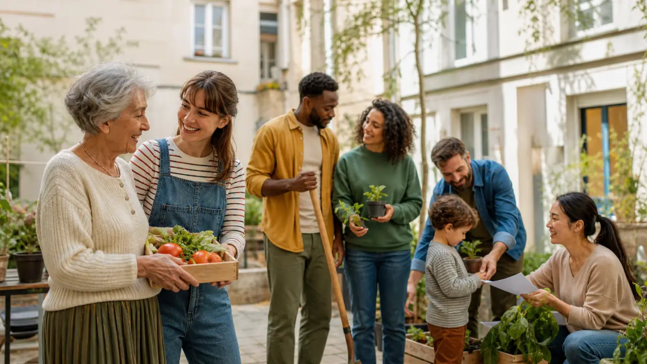 Voisins de plusieurs générations réunis autour d'une grande table conviviale