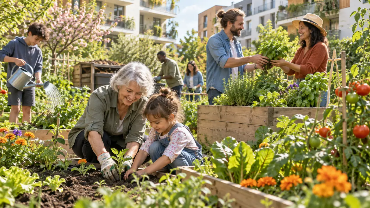 Habitants de plusieurs générations cultivant ensemble un jardin partagé
