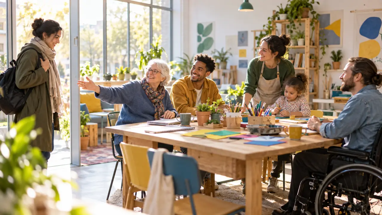 Un groupe chaleureux partageant un moment créatif dans un atelier de quartier