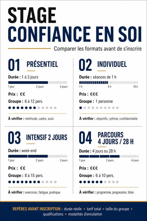 Stage confiance en soi : visuel comparatif des formats, durée, prix et modalités pratiques