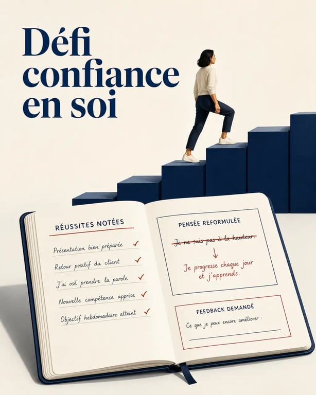 Défi confiance en soi : une personne monte des marches symbolisant des petits défis progressifs avec un carnet de suivi