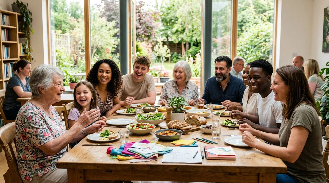 Groupe diversifié de personnes souriantes autour d'une grande table en bois baignée de lumière naturelle