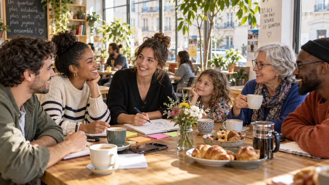 Des voisins de plusieurs générations échangent autour d'une table dans un café convivial