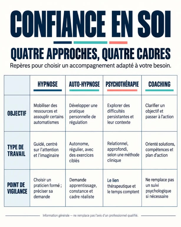 Infographie comparative sur l’hypnose confiance en soi, l’auto-hypnose, la psychothérapie et le coaching