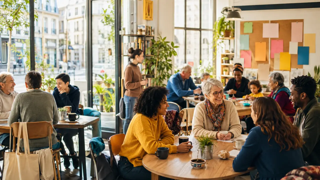Groupe diversifié de personnes autour d'une table conviviale dans un lieu chaleureux
