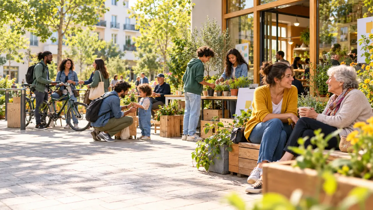 Habitants de différentes générations réunis autour d'une grande table dans un quartier chaleureux