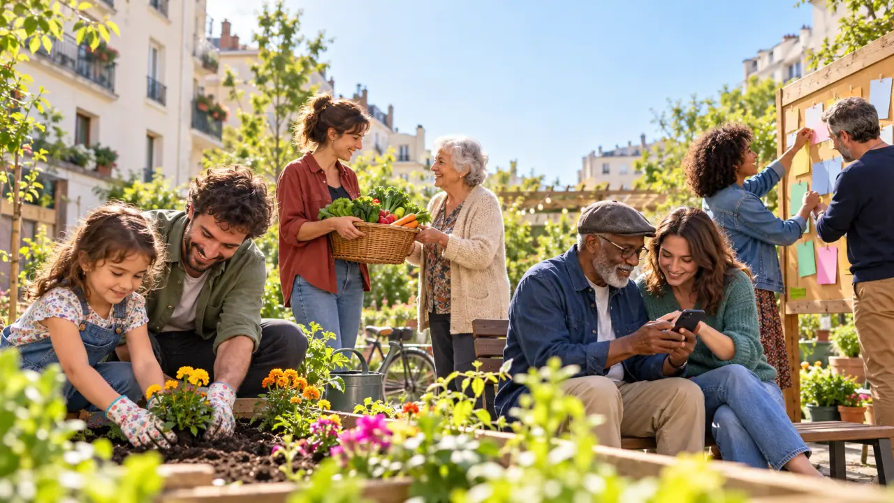 Habitants de plusieurs générations réunis autour d'une table pour un projet solidaire