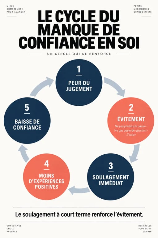 Infographie des 12 signes de manque de confiance en soi et du cycle peur du jugement évitement isolement