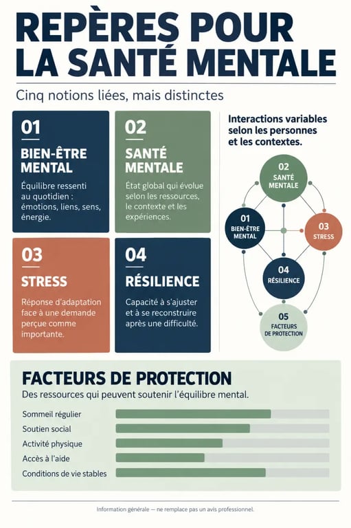 Infographie sur le bien être mental et les notions de santé mentale, stress, résilience et facteurs de protection