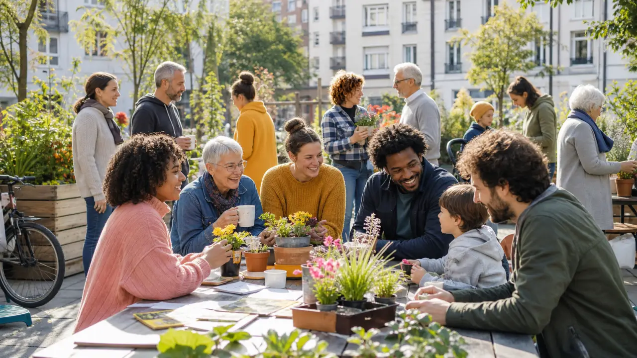 Groupe diversifié de voisins partageant un moment convivial autour d'une grande table