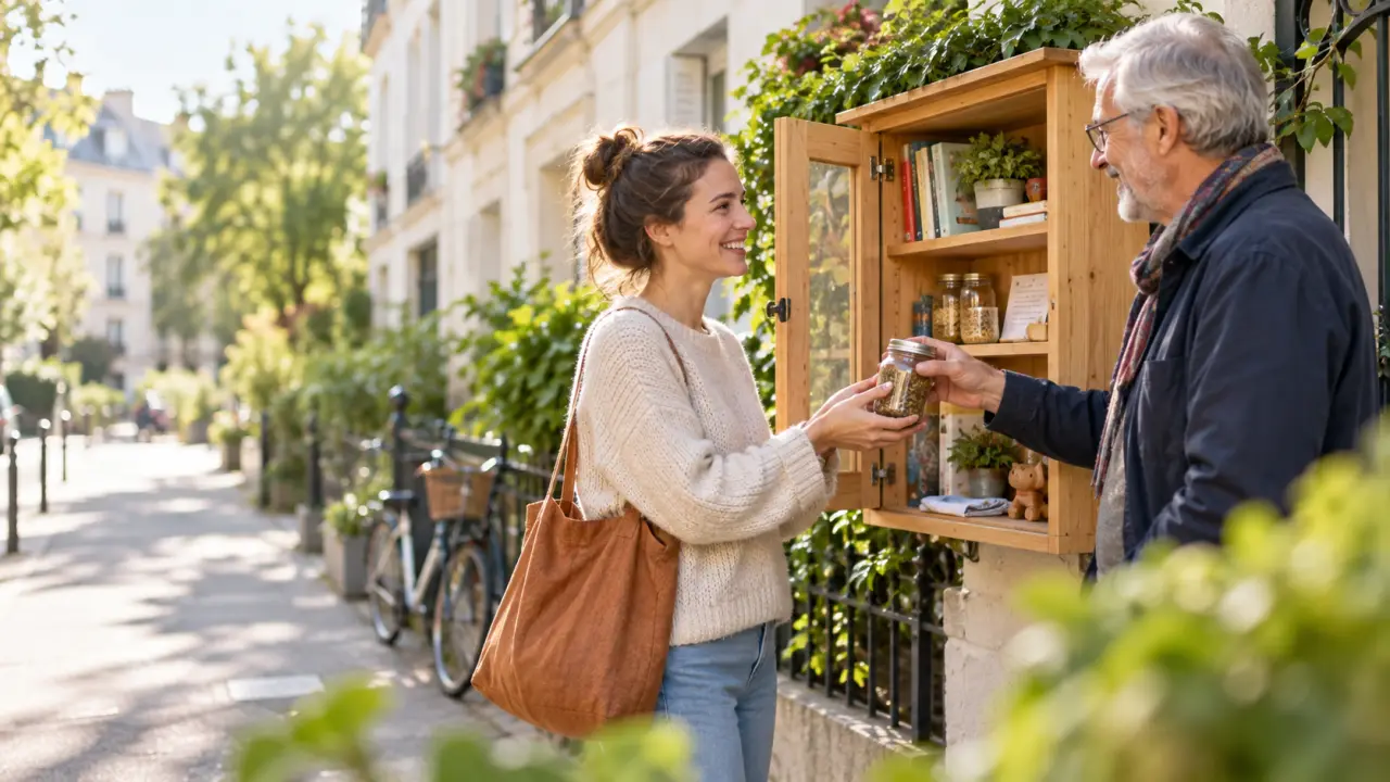 Des voisins de différentes générations réunis autour d'une boîte à échanges dans un quartier convivial