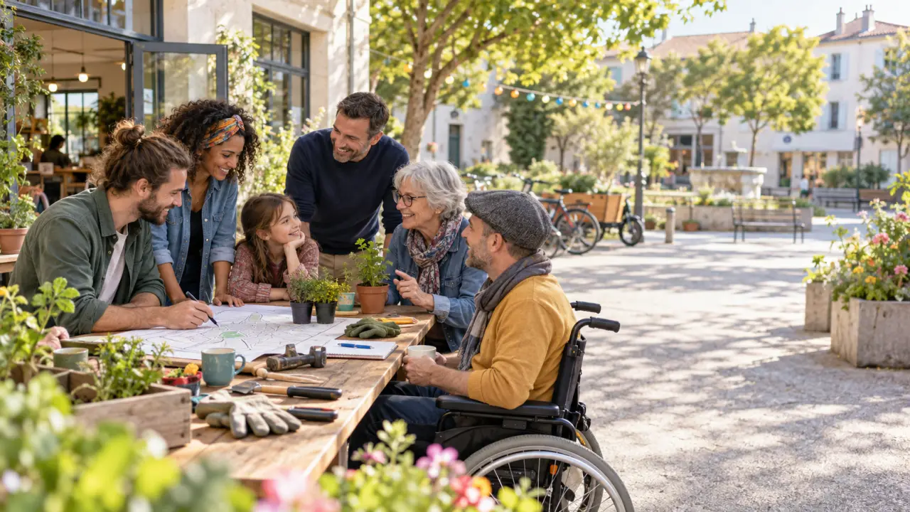 Habitants de générations différentes échangeant autour d'une table dans un lieu associatif chaleureux
