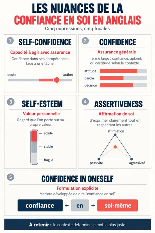 Infographie comparative sur la confiance en soi en anglais et ses traductions