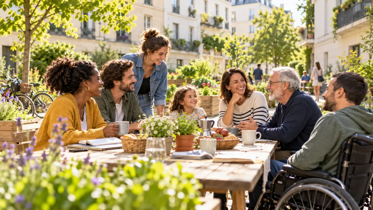 Habitants de plusieurs générations échangeant autour d'une table dans un quartier convivial