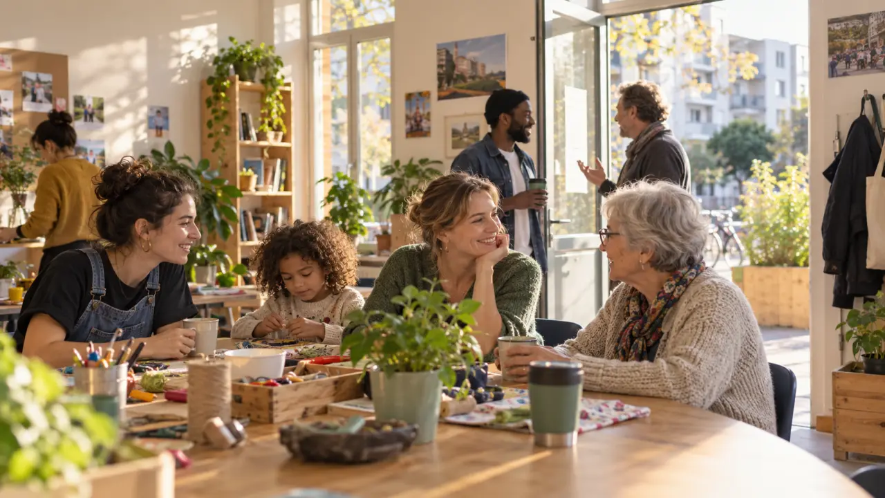 Voisins de générations différentes échangeant autour d'une grande table après un atelier convivial