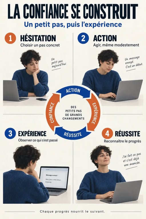 Illustration du processus pour reprendre confiance en soi grâce aux petits pas et aux réussites progressives