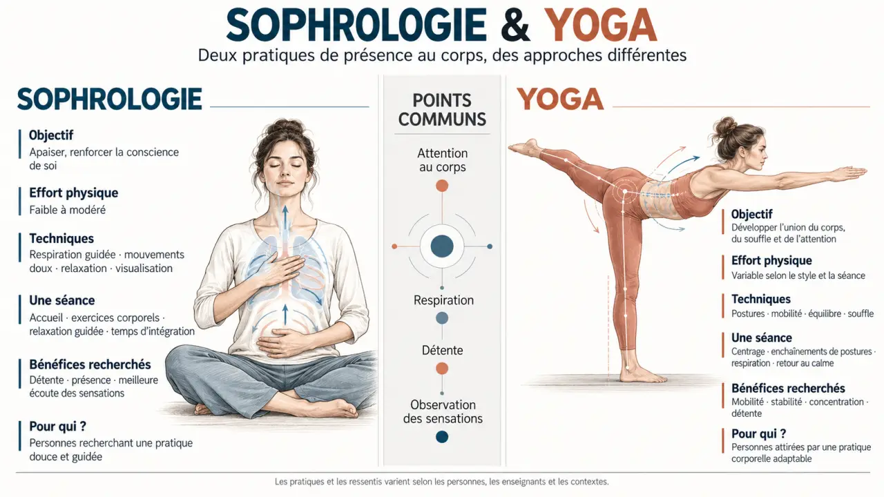 Infographie comparative sur la sophrologie et le yoga : techniques, objectifs et niveau d’effort
