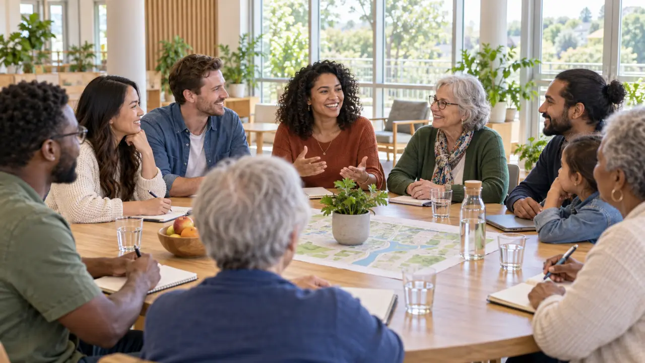 Habitants de générations différentes réunis autour d'une table pour échanger dans une ambiance conviviale