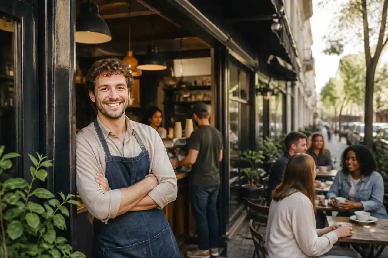 Groupe diversifié de personnes autour d'une grande table en bois dans un café de quartier lumineux et convivial