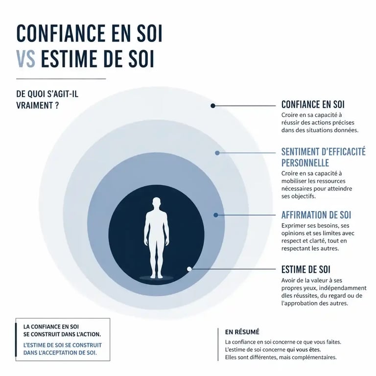 Perte de confiance en soi : schéma distinguant confiance en soi, estime de soi et affirmation de soi