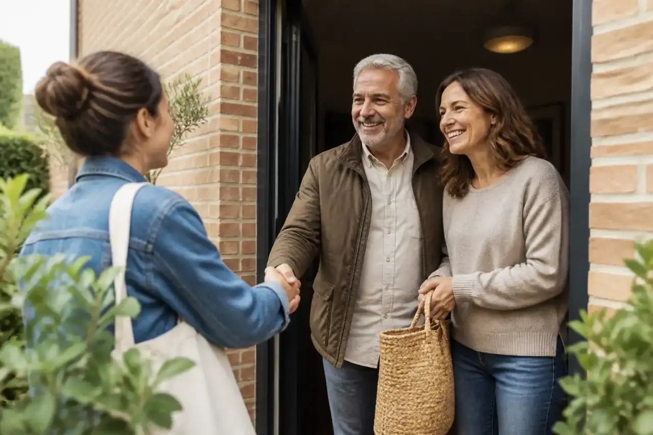 Voisins souriants accueillant une nouvelle habitante autour d'une table conviviale