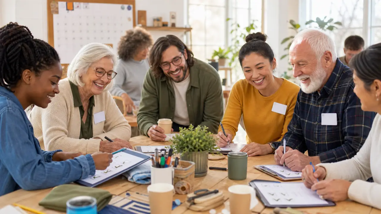Voisins de différentes générations réunis autour d'une table pour préparer un atelier partagé
