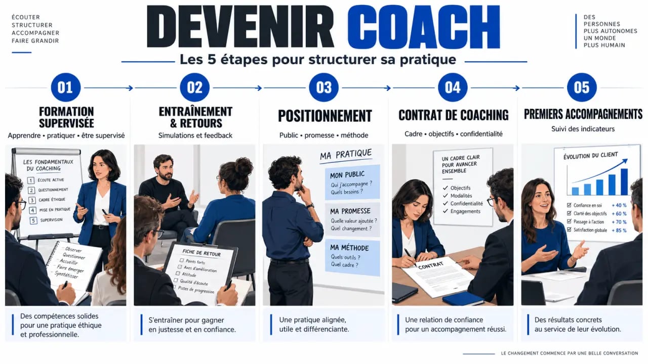 Étapes pour devenir coach en développement personnel, de la formation aux premiers accompagnements
