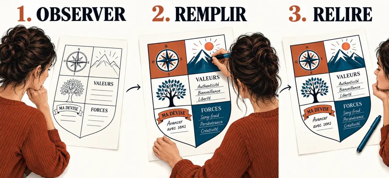 Blason développement personnel à remplir en six cases avec valeurs, forces, ressources et devise