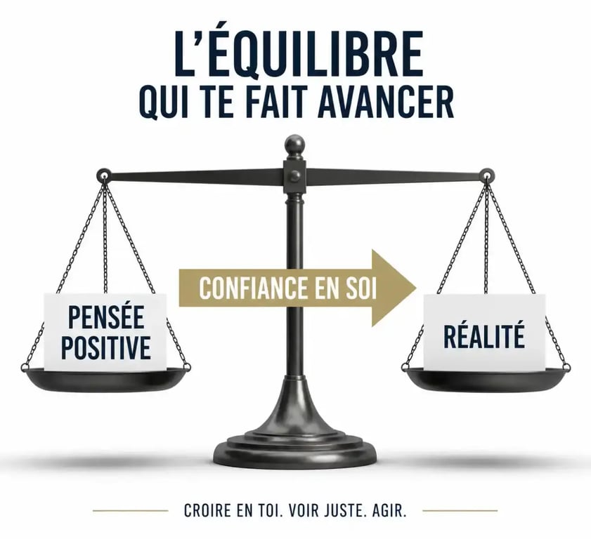 Illustration conceptuelle de la confiance en soi équilibrant pensée positive et réalité