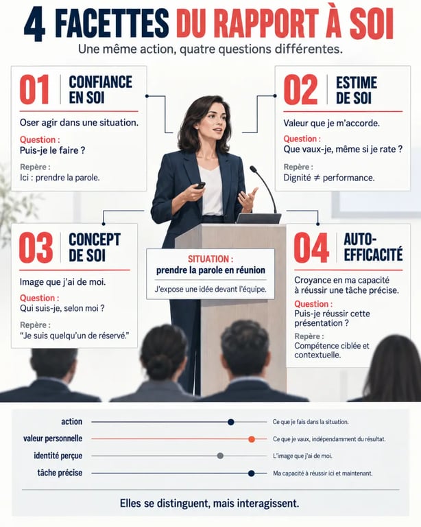 Infographie sur la confiance en soi, l’estime de soi, le concept de soi et l’auto-efficacité