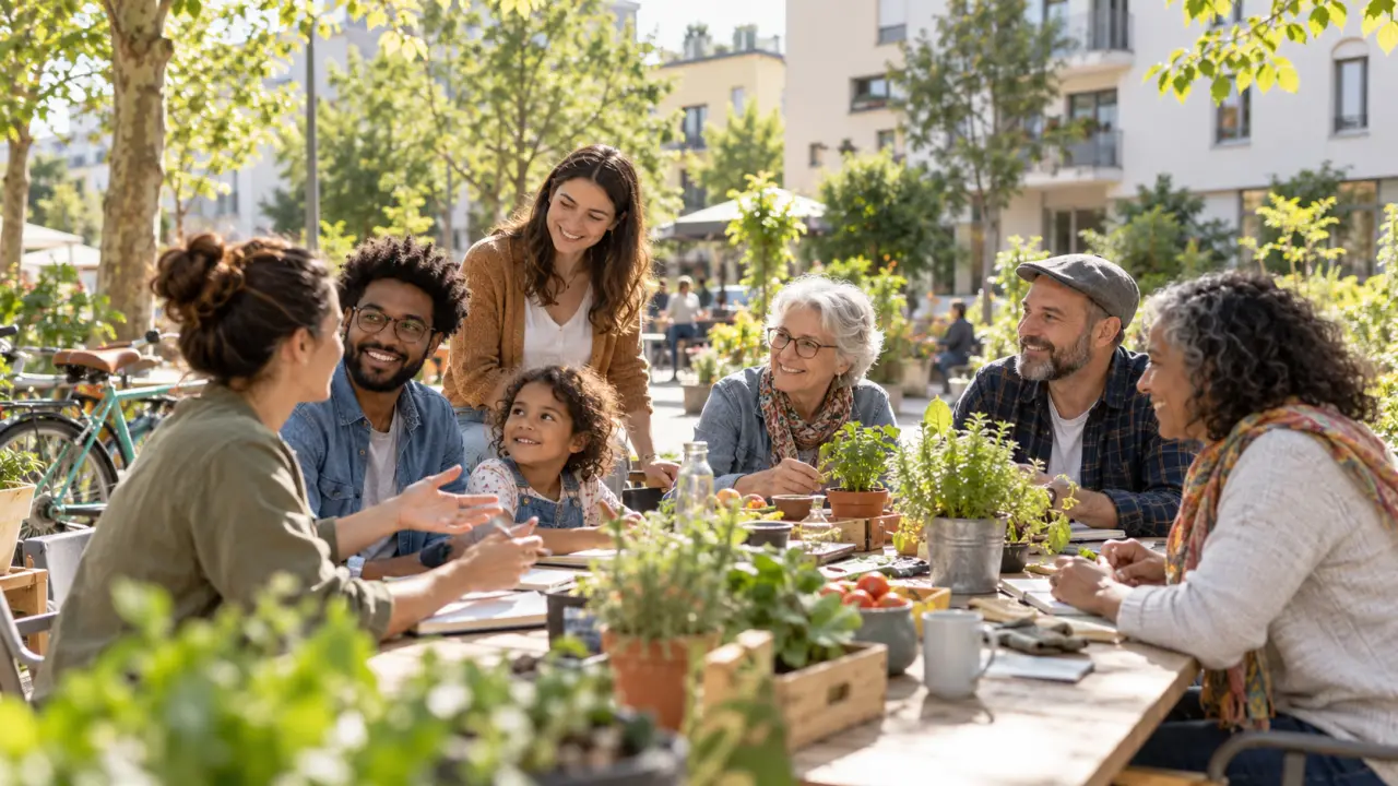 Habitants de générations différentes échangeant autour d'une grande table dans un lieu convivial