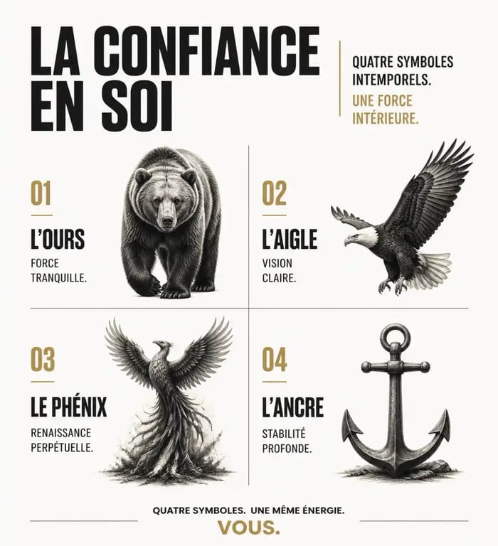 Illustration des symboles de confiance en soi : ours, aigle, phénix et ancre pour renforcer l'affirmation de soi