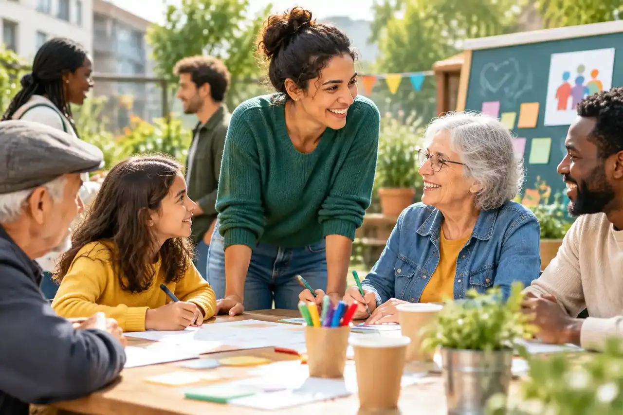 Habitants de plusieurs générations participant à un atelier solidaire autour d'une grande table